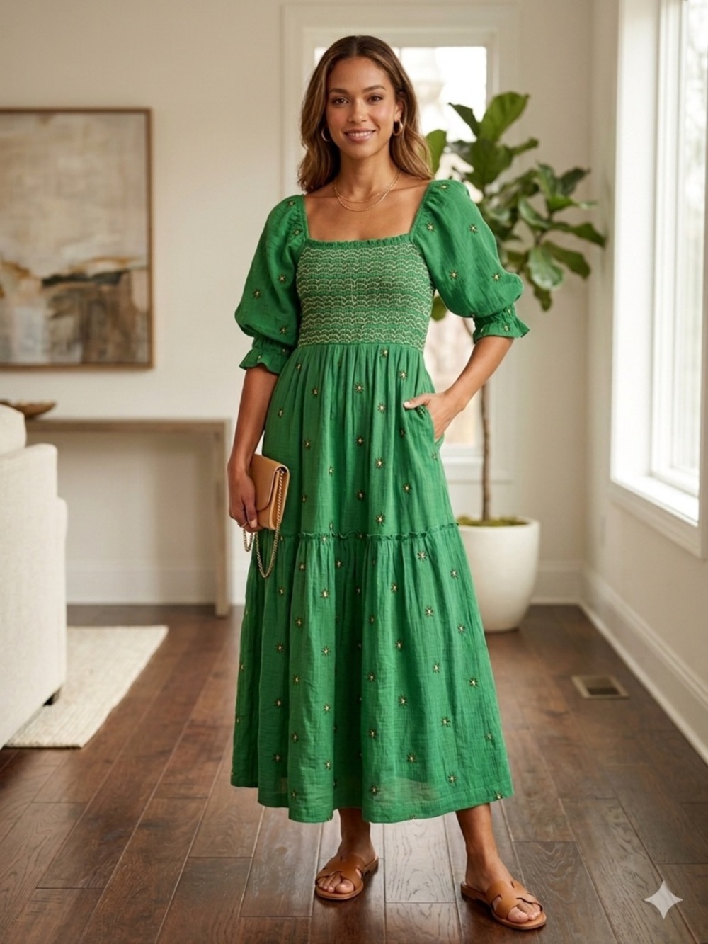 079-Emerald Green Gauze Maxi Dress Puff Sleeves with Embroidery